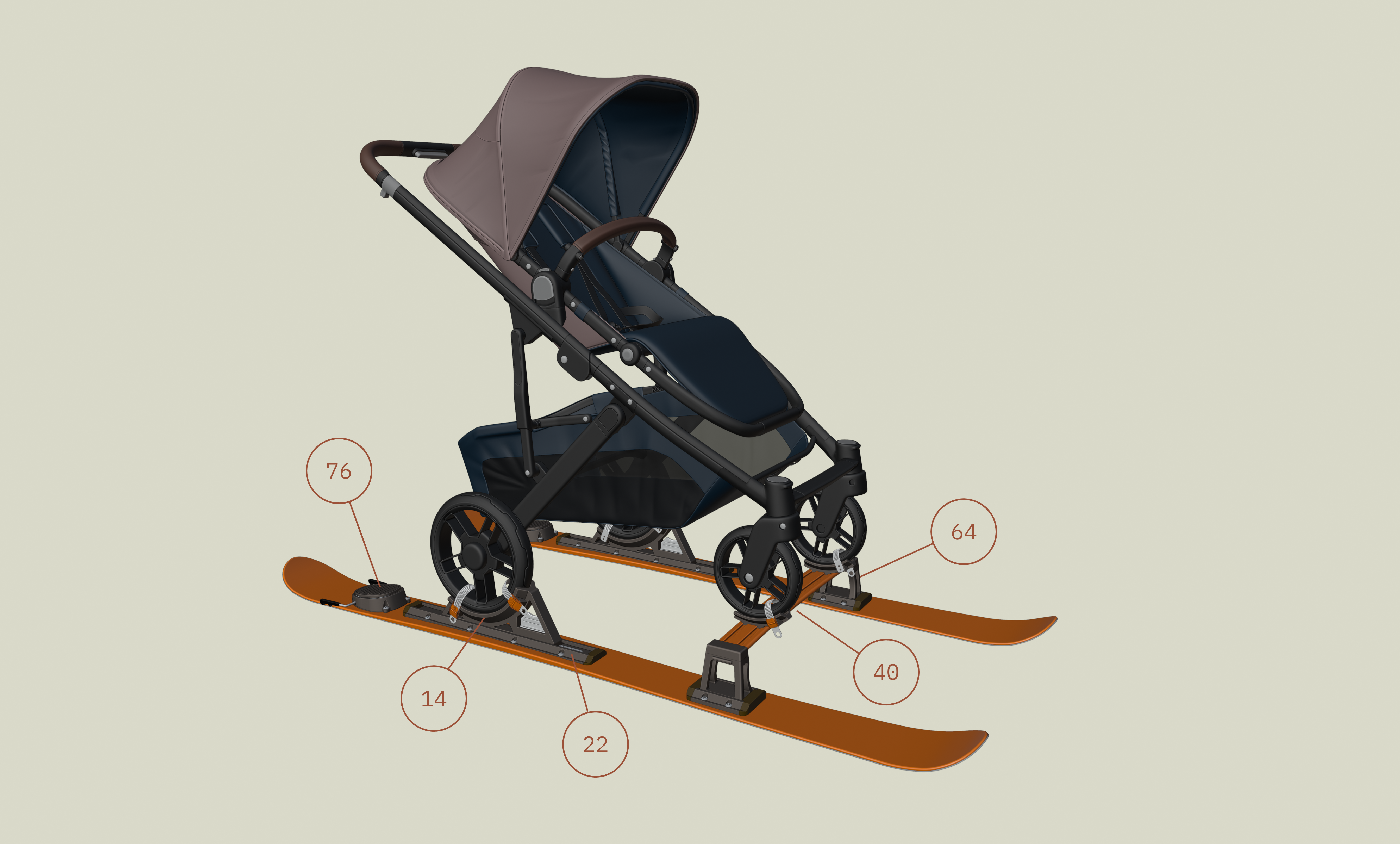Patent fig. 1 — isometric view of the stroller ski system